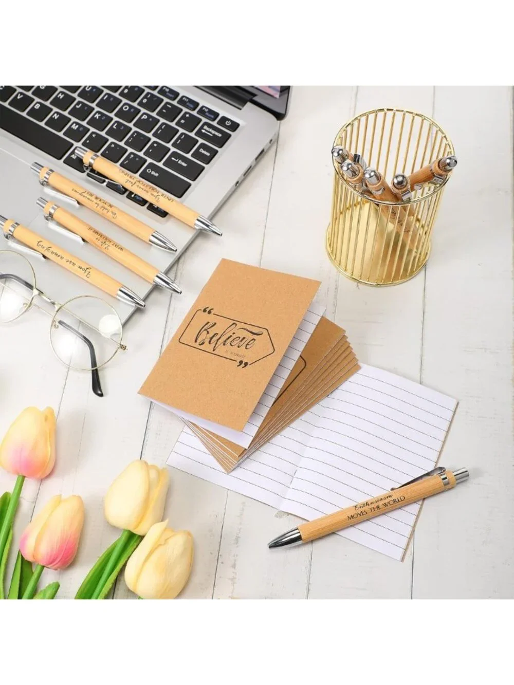 60 Pcs Motivational Pens & Inspirational Notebooks - Perfect Gift Set, Brown